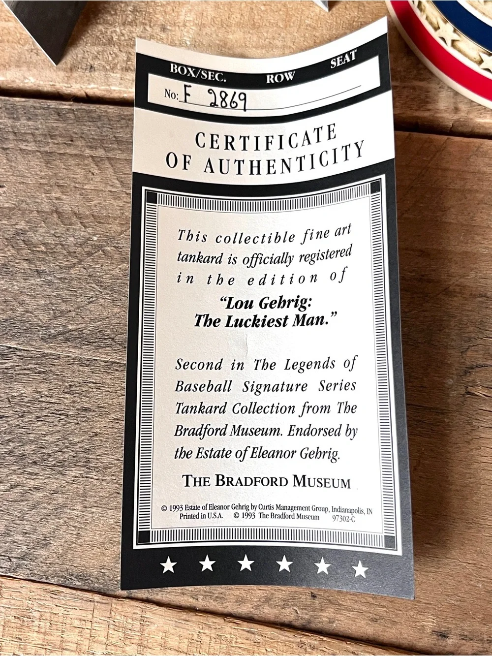 VTG 1993 Lou Gehrig The Luckiest Man Lidded Stein Bradford Museum COA